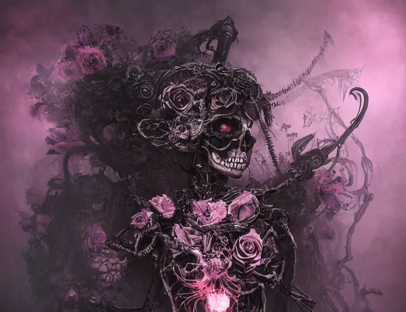 Image similar to a chaotic goddess of death skeleton as a heroine, intricate, elegant skull black rose s day of the dead atmospheric, dramatic, Trending on artstation. augmentations and cybernetic enhancements neon circuits, greg rutkowski , hyperrealist, cinema4D, 8k highly detailed