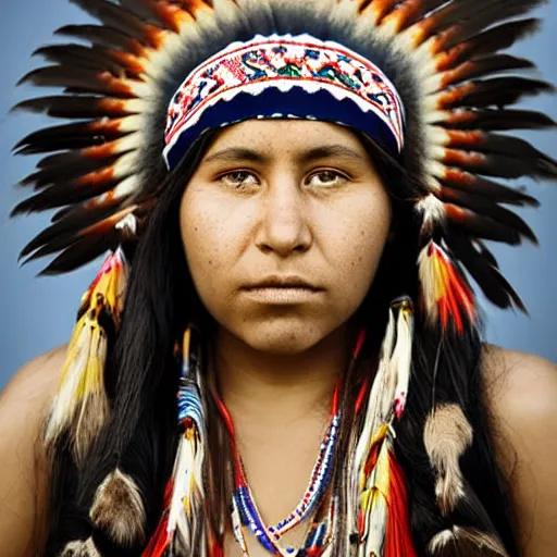 Prompt: award winning photo of a young native american woman in the style of martin schoeller