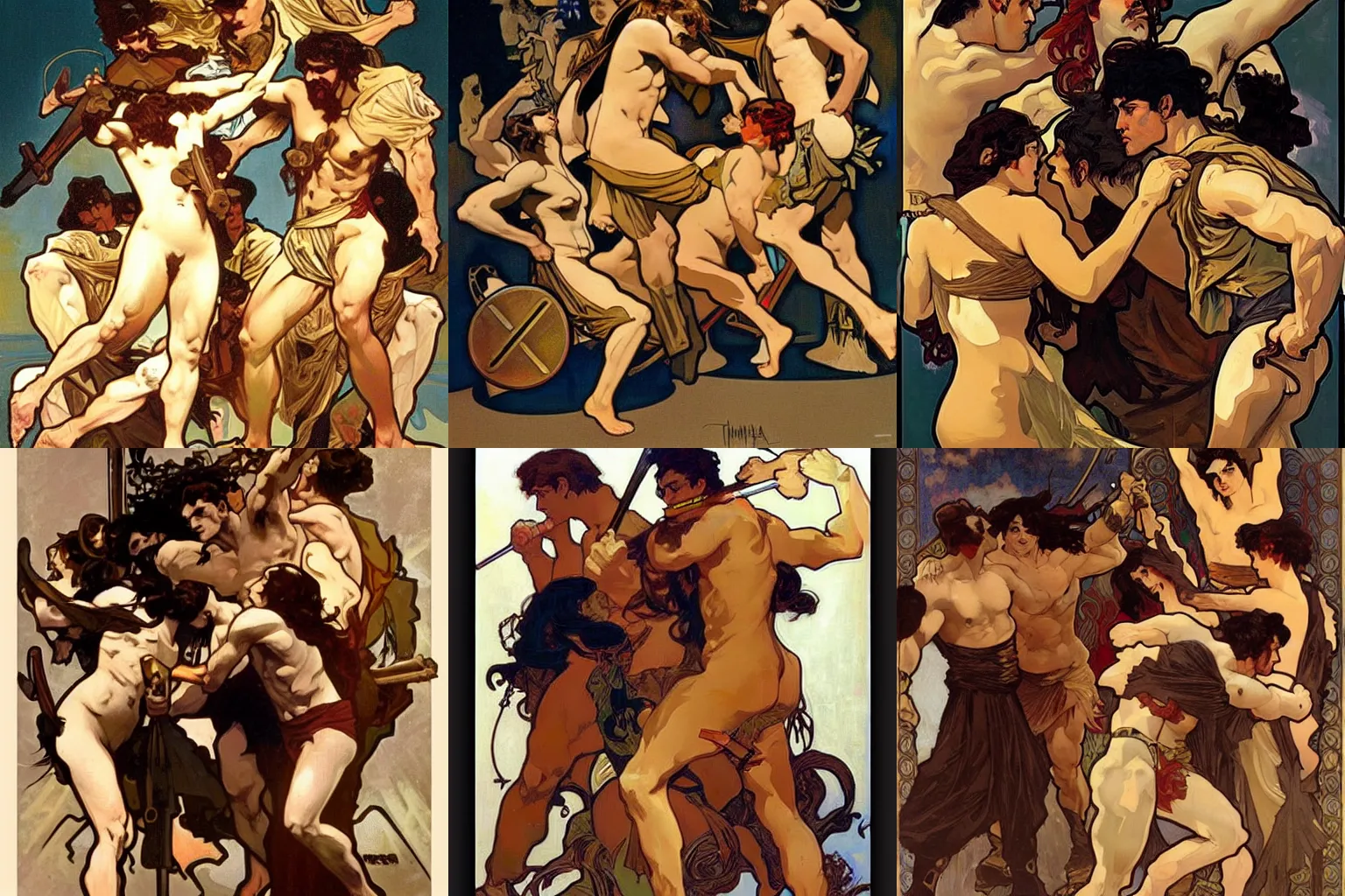Prompt: a group of Greek demigods sparring. By Alphonse Mucha by Phil Hale. By WLOP. Artstation.
