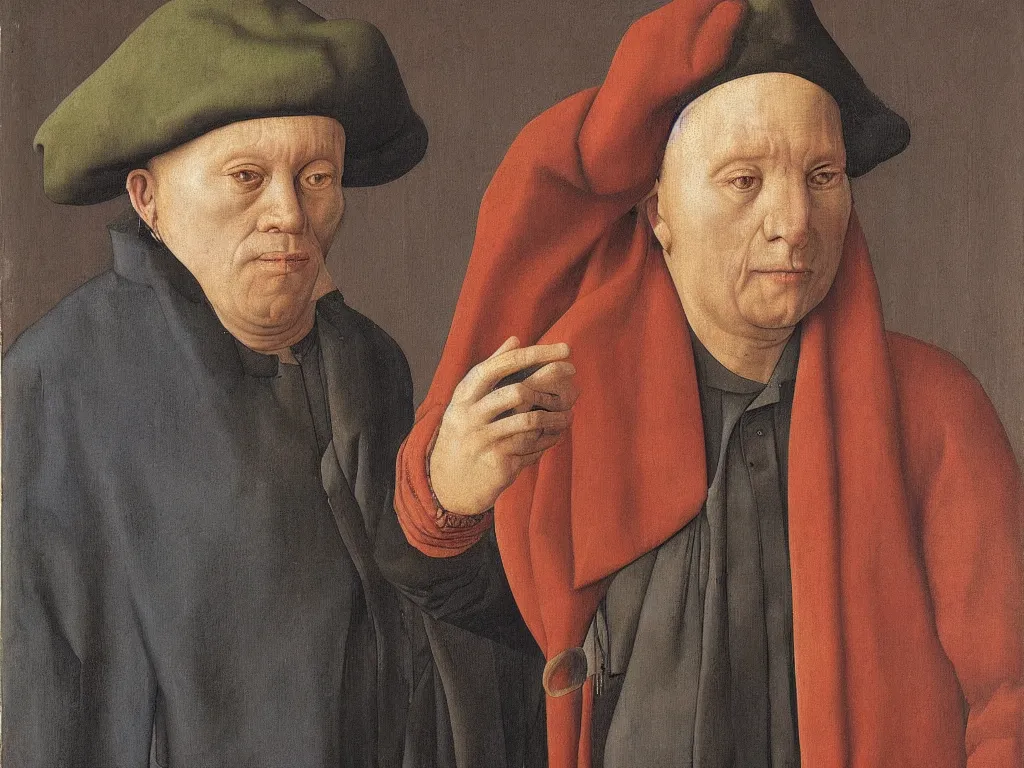 Image similar to portrait of a middle aged blind man. 21 th century clothes. Painting by Jan van Eyck