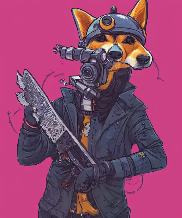 Prompt: a portrait of an anthropomorphic cyberpunk corgi! holding a chainsaw, fantasy, elegant, digital painting, artstation, concept art, matte, sharp focus, illustration, art by josan gonzalez