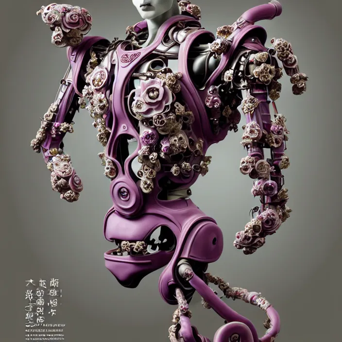 Prompt: ceramic cyborg, Kakiemon design exoskeleton with plums and stylized flowers in glaze and gilding, diffuse lighting, fantasy, intricate, elegant, highly detailed, lifelike, photorealistic, digital painting, artstation, illustration, concept art, smooth, sharp focus, art by John Collier and Albert Aublet and Krenz Cushart and Artem Demura and Alphonse Mucha