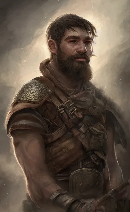 Prompt: Portrait of a rugged ranger, male, muscular, straight nose!!!, detailed face, handsome, simple clothing!!!!!, fantasy, medieval, highly detailed, cinematic lighting, digital art painting by jia ruan