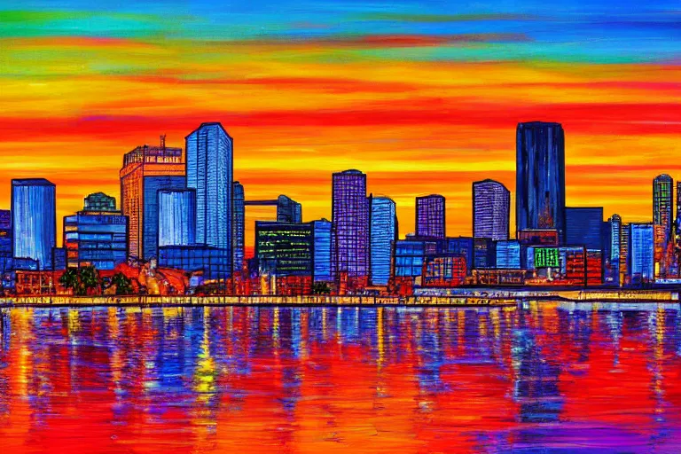 Prompt: winnipeg skyline, sunset, vivid colors, painting by tom thompson, 4 k