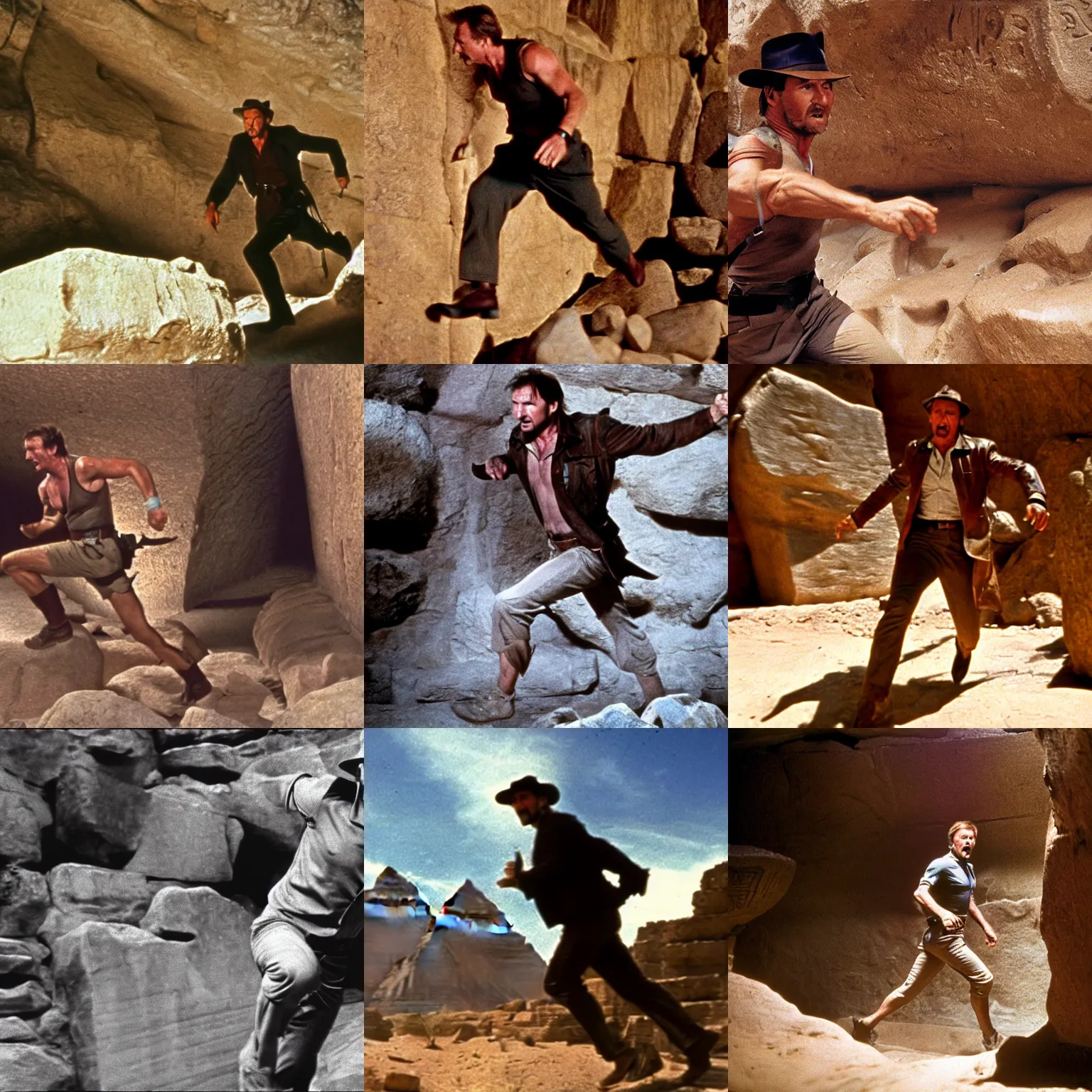 Prompt: Liam Neeson as Indiana Jones, in an Egyptian tomb, running from a large boulder, film still from 'Indiana Jones and the Last Crusade (1989)'