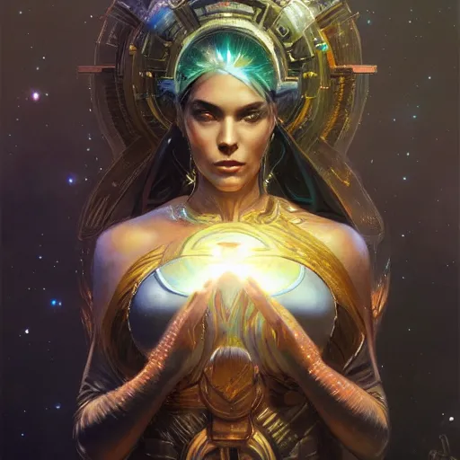 Prompt: a beautiful portrait of a cosmic goddess by Greg Rutkowski and Jim Burns, Trending on Artstation, nebula background
