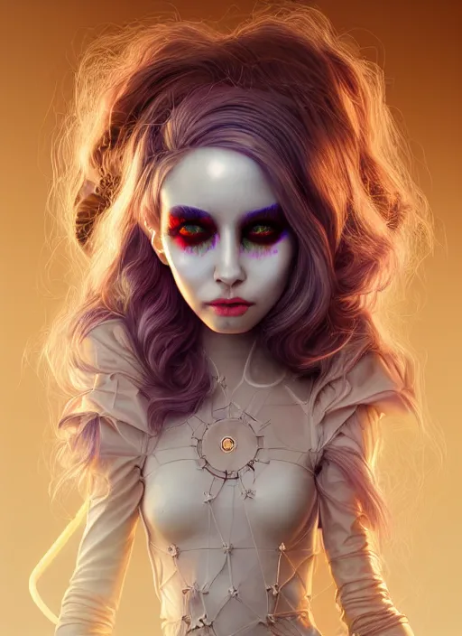 Image similar to soft lustrous ivory biotech raver clowncore madison beer gothic cyborg, earbuds, golden ratio, details, sci - fi, fantasy, cyberpunk, intricate, decadent, highly detailed, digital painting, ever after high, octane render, artstation, concept art, smooth, sharp focus, illustration, art by artgerm, loish, wlop