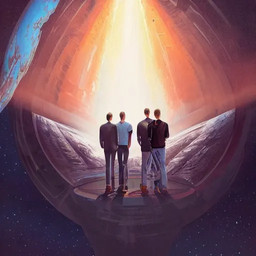 Prompt: portrait of elon musk, mark zuckerberg and jeff bezos together looking at earth, very detailled, art contest winner on behance, trendy on deviant art, by by artgem, greg rutkowski