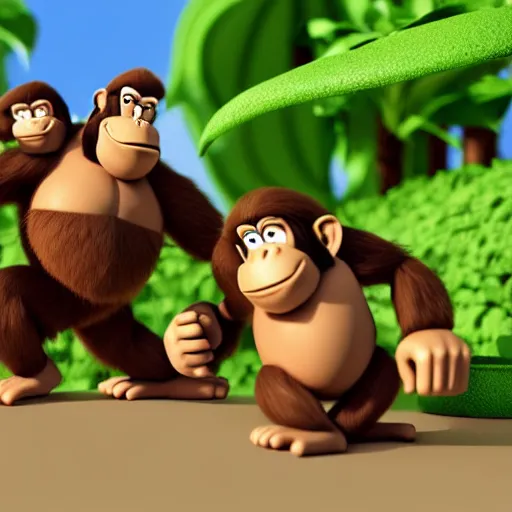 Image similar to Donkey Kong and Diddy Kong surrounded by tropical trees and barrels, 3D render, detailed clay model