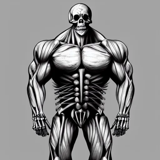 Image similar to A Large Muscular man with a Skeleton Head, high quality digital concept art