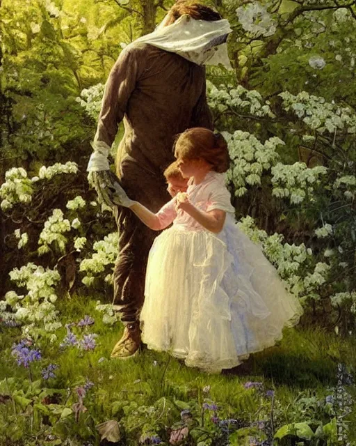 Image similar to detailed painting of a beautiful tardigrade standing upright and holding hands with a young girl, untouched by humans for years, with a brooding fairy inside it. sunlight beams down on the scene and you can tell it is spring from the flowers. atmospheric. by norman rockwell