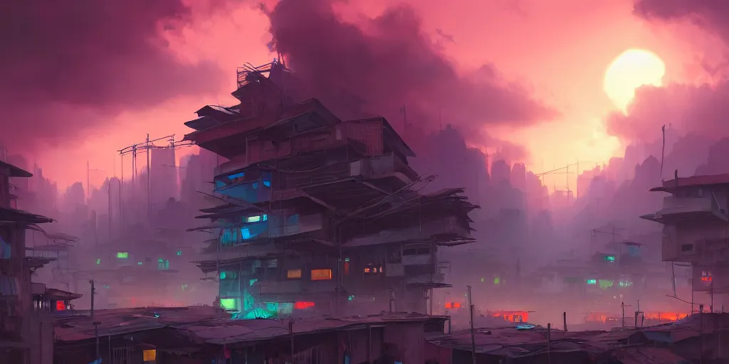 Prompt: Andreas Rocha painting of a cyberpunk African favela, hazy sunset with dramatic clouds, deep blues, wide angle lens, asymmetrical, trending on Artstation, High quality image