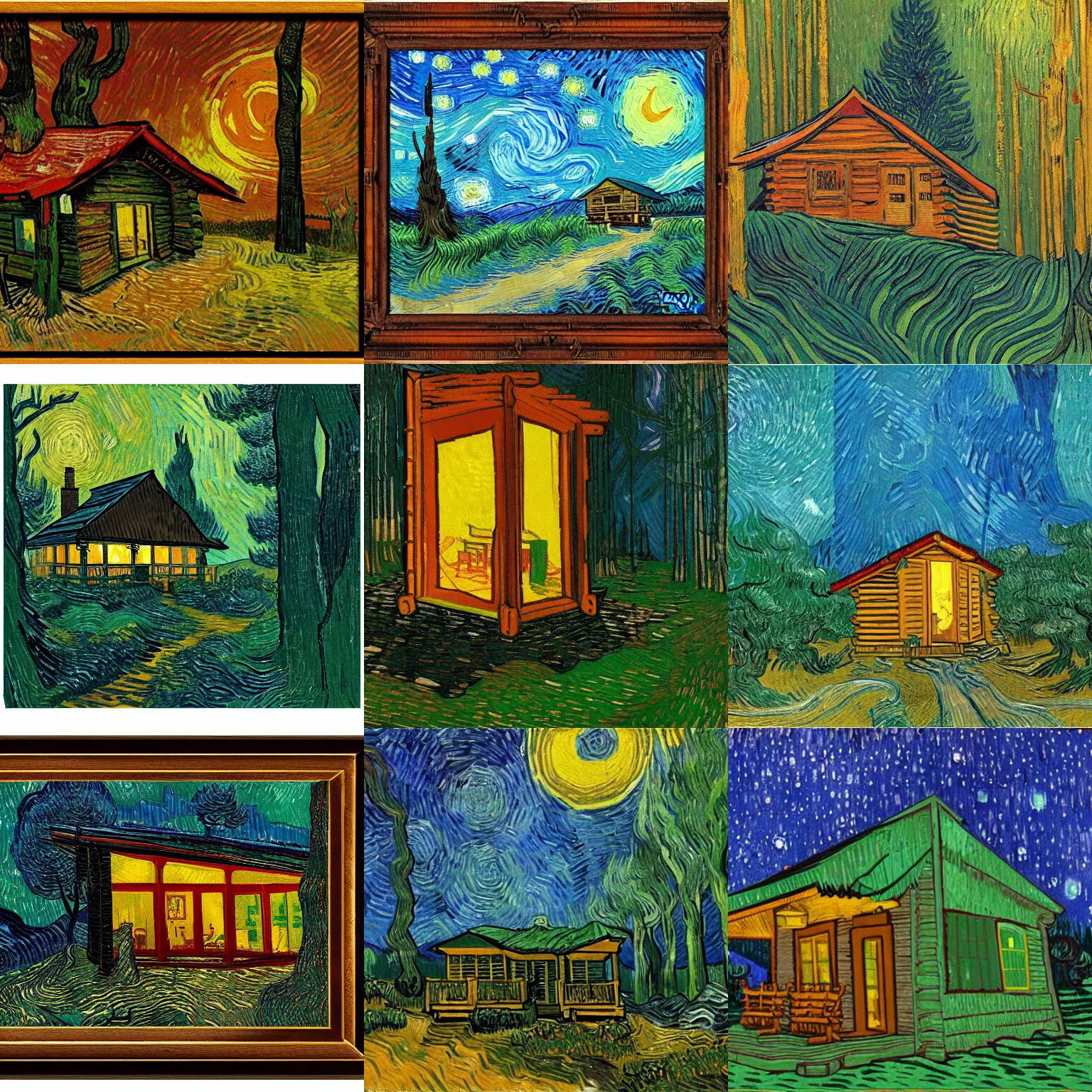 Prompt: [ a log cabin in the forest ] [ van gogh ] [ blade runner ]