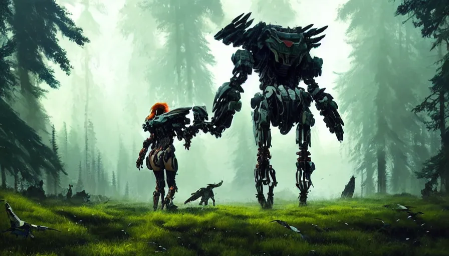 Prompt: walking mech covered in chrome armor, large shapes, horizon zero dawn aesthetic, covered in moss and birds, many large glowing lights, beautiful forests and trees, utopian landscape, bright sunlight, cinematic, concept art, art by WLOP and artgerm and greg rutkowski, trending on artstation, masterpiece.