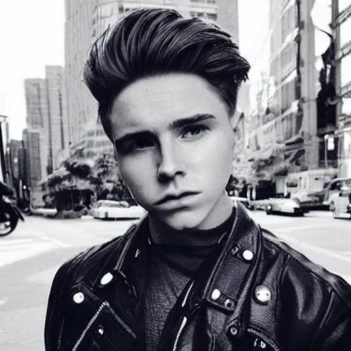 Image similar to “a realistic detailed photo of a guy who is an attractive humanoid who is half robot and half humanoid, who is a male android, Brooklyn Beckham, shiny skin, posing like a statue, blank stare”