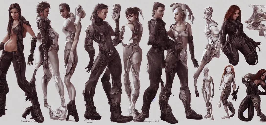 Image similar to character sheet concept art of male and female movie characters, renaissance, futurepunk, parkour, rebel, realistic, hyper realistic, photographic, costume, by marc brunet and artgerm