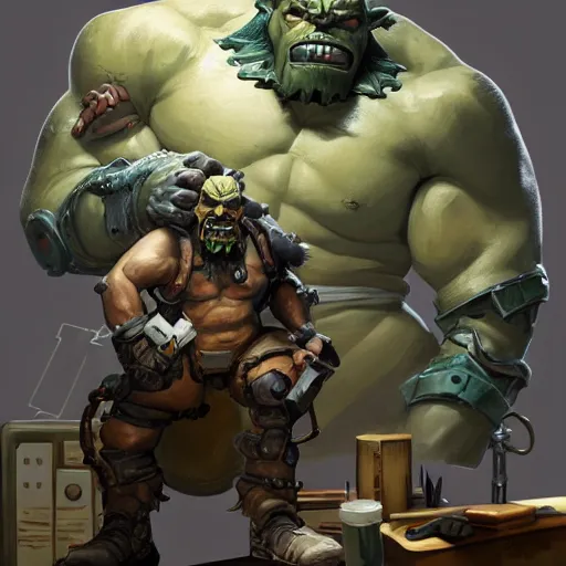 Image similar to greg manchess digital painting of a ruggedly handsome old dieselpunk orc an overwatch character with olive green skin sitting at a desk, organic painting, matte painting, bold shapes, hard edges, street art, trending on artstation, by huang guangjian and gil elvgren and sachin teng