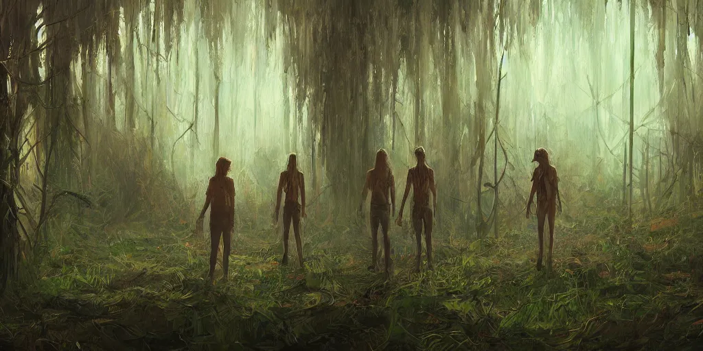 Prompt: reed - people in futuristic spiritual mystical post apocalyptic swampy forest in kyiv drawn by ron gilbert, dim painterly volumetric aquatic lighting, scenic, beautiful, crisp, artstation, highly detailed
