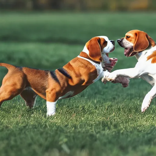 Prompt: beagle dog's fist fighting each other