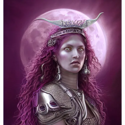 Prompt: painting of warrior priestess of the moon, silver filigree armor and tiara, moon above head, purple wavy hair, smooth translucent skin, wide striking eyes, beautiful! coherent! symmetrical body, by brom, by brian froud, strong line, high contrast, muted color, preraphaelite style, 4 k, trending on artstation