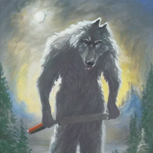 Image similar to Human-wolf, holding brush, artwork by Bob Ross,