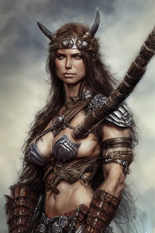 Image similar to head and shoulders portrait of a barbarian, female, high fantasy, dnd, face details, extremely detailed, smooth, sharp focus, digital illustration, by luis royo, magali villeneuve, donato giancola, wlop, krenz cushart, artgerm