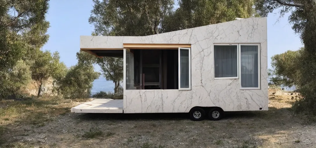 Image similar to greek tiny house on trailer made of marble designed by iktinos and callicrates.