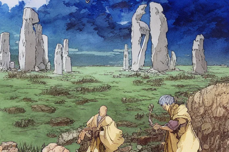 Image similar to a hyperrealist studio ghibli watercolor fantasy concept art. in the foreground is a giant monk in a grey robe lifting a stone. in the background is stonehenge. the scene is underwater on the sea floor. by rebecca guay, michael kaluta, charles vess