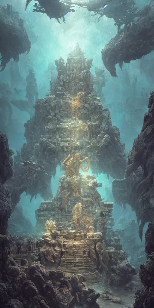 Image similar to Underwater temple, broken statues, magical, mystical atmosphere, Monster Hunter Illustrations art book, Moebius, Greg Rutkowski, Zabrocki, Karlkka, Jayison Devadas, Phuoc Quan, trending on Artstation, 8K, ultra wide angle, zenith view, pincushion lens effect.