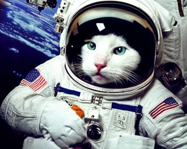 Image similar to an adorable fluffy white cat astronaut in space 🧑‍🚀 🐱 🛰️