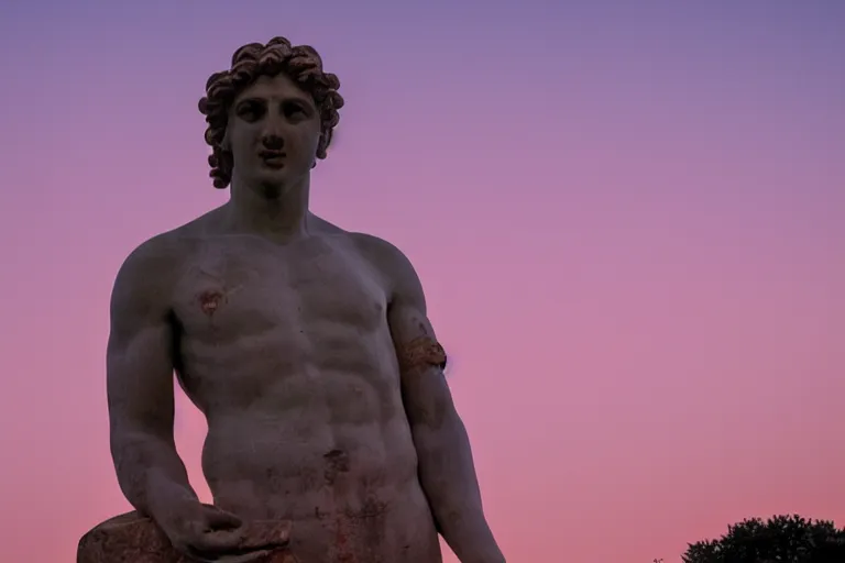 Prompt: a photograph of a greek statue thinking deeply and a pink sky in the background, hyper realistic, 8 k, wide angle photo