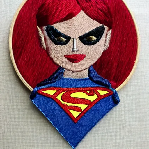 Prompt: a beautiful handmade satin stitch embroidery of a woman dressed as a superhero. hand embroidery.
