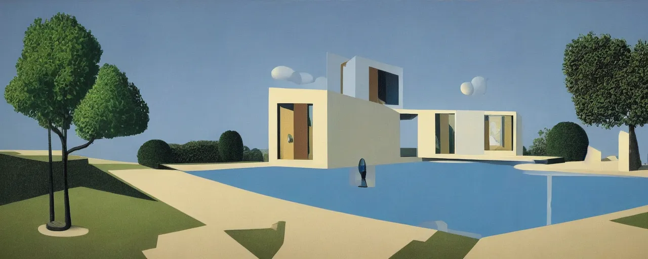 Prompt: contemporary house with pool in the front, full height windows, concept art, surrealist, rene magritte