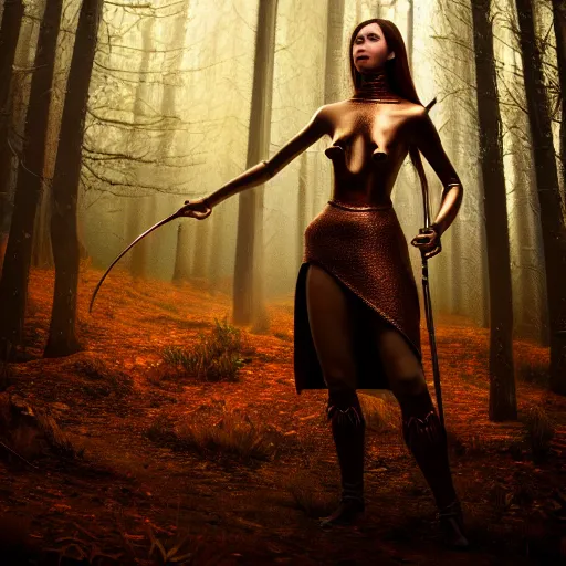 Image similar to highly detailed, ultra realistic, cinematic, woman full body with a copper nose and copper claws, high detail, 8 k, sharp focus, movie still, dramatic lighting, ray tracing, smooth, a female evil demonic character of kazakh mythology, jeztyrnak, standing in the night forrest