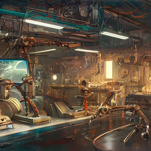 Image similar to he inside of a futuristic mechanic workshop, highly detailed interior, scrap metal on workbenches, half - finished robot, mechanical bugs in a display case, holographic screen in center frame by peter mohrbacher, trending on artstation, cryengine render, 8 k