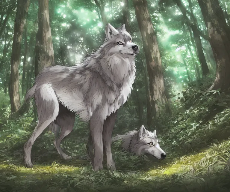 Prompt: wolf in a forest, anime fantasy illustration by tomoyuki yamasaki, kyoto studio, madhouse, ufotable, comixwave films, trending on artstation