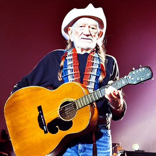 Image similar to willie nelson on stage, detailed, guitar. god rays through fog.