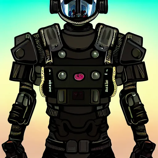 Image similar to a award winning action upper body portrait of nuke zombie with a breathing mask while wearing futuristic bodyarmor and pauldrons, outrun, vaporware, highly detailed, fine detail, intricate