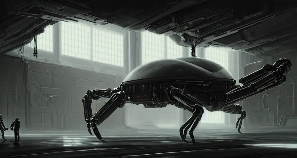 Image similar to hyper realistic sci - fi matte concept art painting of a giant spiderbot in a starship hanger, beautiful details, strong composition painted by kim jung guweta studio rutkowski, james gurney and greg rutkowski, and lucasfilm, smooth, intricate, detailed, sharp focus, cinematic