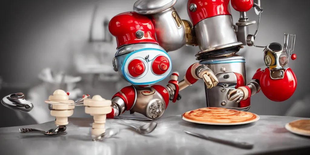 Image similar to closeup portrait of tin toy retro robot chef cooking pastry in a kitchen, depth of field, zeiss lens, detailed, centered, fashion photoshoot, by nicoletta ceccoli, mark ryden, lostfish, breathtaking, 8 k resolution, extremely detailed, beautiful, establishing shot, artistic, hyperrealistic, octane render