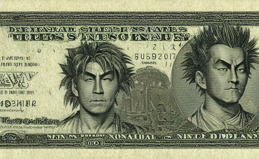 Prompt: rectangular photograph of seven dollar u. s. currency note featuring spiky - haired saiyan goku from dbz dragonball z