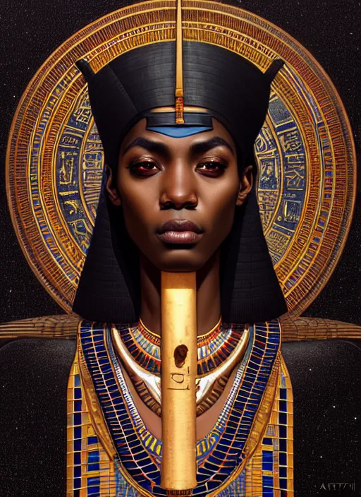 Prompt: close up portrait khonsu moon god, egyptian symbolism, dark black skin, no pupils, handsome sub - saharan african man by artgerm, cushart krenz, greg rutkowski, mucha. art nouveau. gloomhaven, pale colors, sharp edges. ultra clear detailed. 8 k. elegant, intricate, octane render