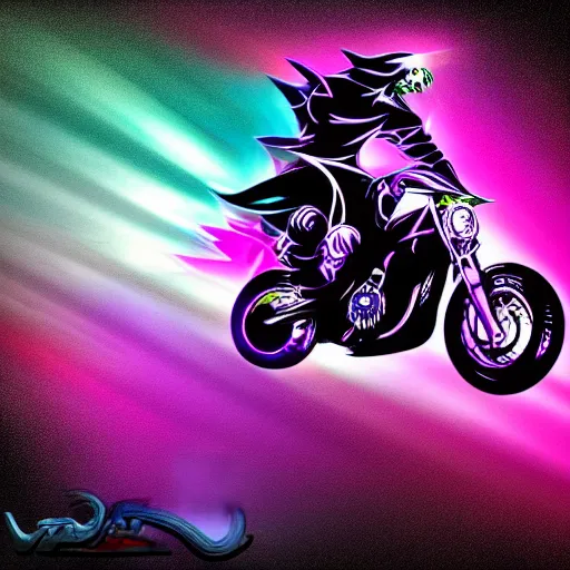 Image similar to psychedelic blacklight airbrush artwork, hyper stylized action shot of an orc biker riding a motorcycle, clear focused details, radical 9 0 s, soft airbrushed edges and gradients on a black background