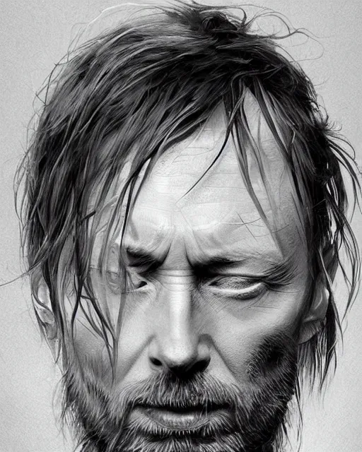 Prompt: thom yorke, hyper realistic face, beautiful eyes, fantasy art, in the style of greg rutkowski, intricate, hyper detailed, smooth