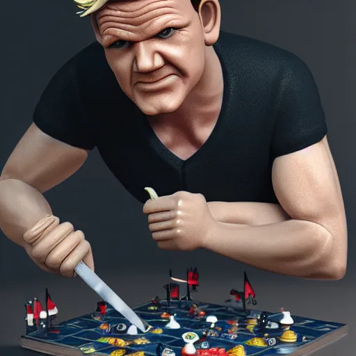 Image similar to plastic miniature boardgame figurine of gordon ramsay, blender, 8 k, octane render, unreal engine, redshift render, trending on artstation, highly detailed