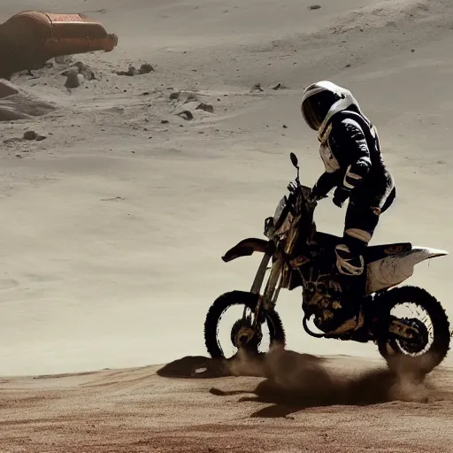 Prompt: photograph of an astronaut riding a dirt bike on an alien planet, interstellar cinematic shot