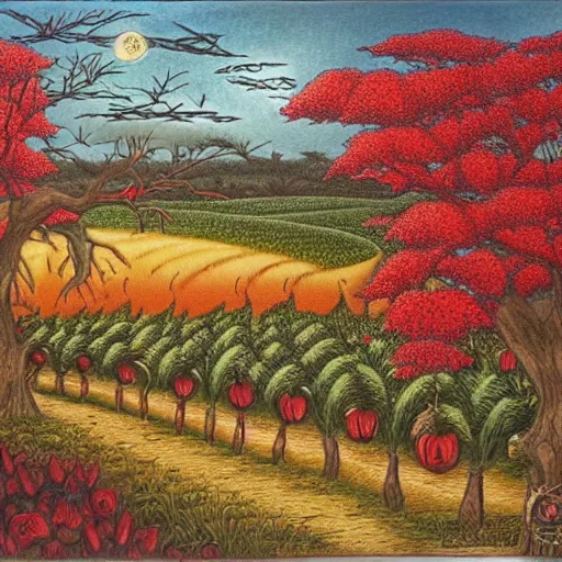 Image similar to warm red, steampunk eclectic, shadowy by shotaro ishinomori, by todd schorr. a beautiful drawing depicting a farm scene. the drawing shows a view of an orchard with trees in bloom.