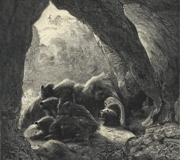 Image similar to viewer looking into dark cave and seeing a mother bear and her cubs sleeping, night time, artwork by Pieter Claesz, cross hatching, framed painting,