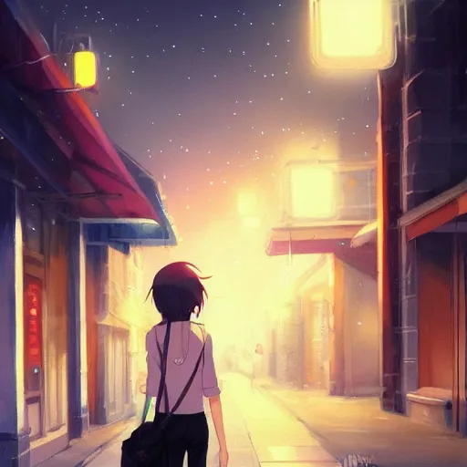 Image similar to a girl smoking, beautiful face, street at night, long hairfine art painting by makoto shinkai, featured on pixiv, hd