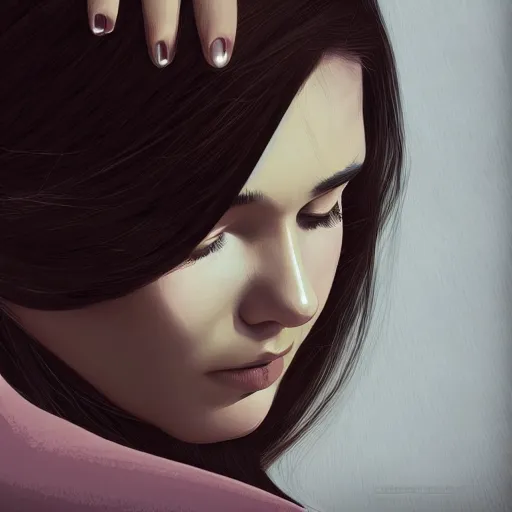 Image similar to A close-up portrait of a shy woman touching her hair, highly detailed, artstation, digital art, smooth